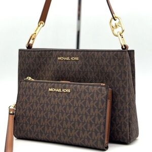 Michael Kors Trisha MD Triple Compartment Bag & Double Zip Wallet Set Brown